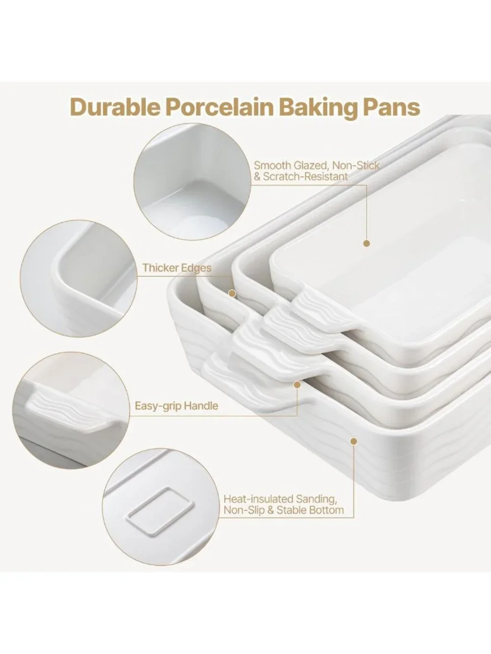 Ceramic Casserole Baking Dishes Set of 4 - Oven Safe, Rectangular, White